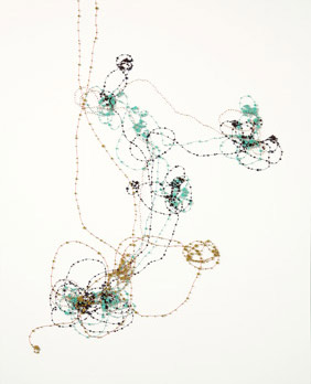 Janice Caswell, Broken Verses, ink, paper, pins, beads, enamel on paper, 25x31.5 inches