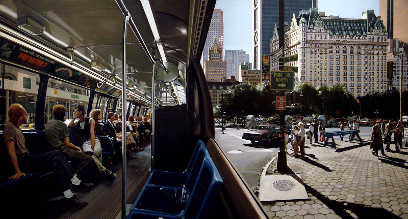 Richard Estes, The Plaza, 1991, oil on canvas, 36x66 inches