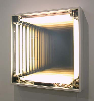 Ivan Navarro, Wall Hole, 2004, fluorescent tubes and fixtures, painted wood box, mirrors, 28x28x5 inches