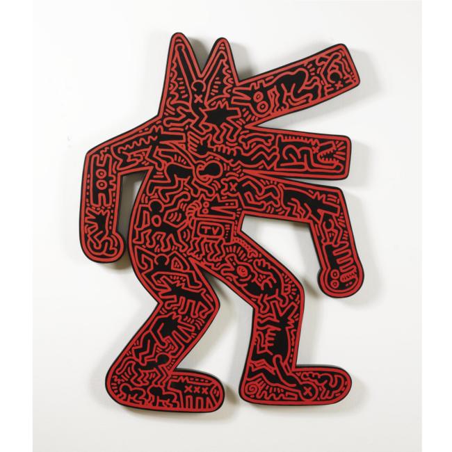 Keith Haring, Dog, Multiple sculpture, screenprint in red on black painted plywood 1986 50-1/8 x 34-1/2 inches