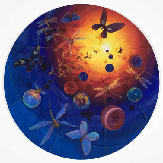 Lisa Dinhofer, Light Travelers #1, 2007, oil on wood panel, 44 inches diameter