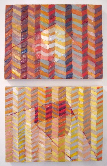 Lynda Ray, Float Copper (top) and Driftway (installation view), 2008, encaustic on panel, 14x18 inches each