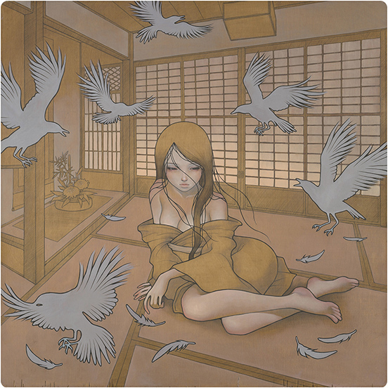 Audrey Kawasaki, Kazamachi (Waiting), 2009, oil and graphite on wood, 76.2x76.2 cm