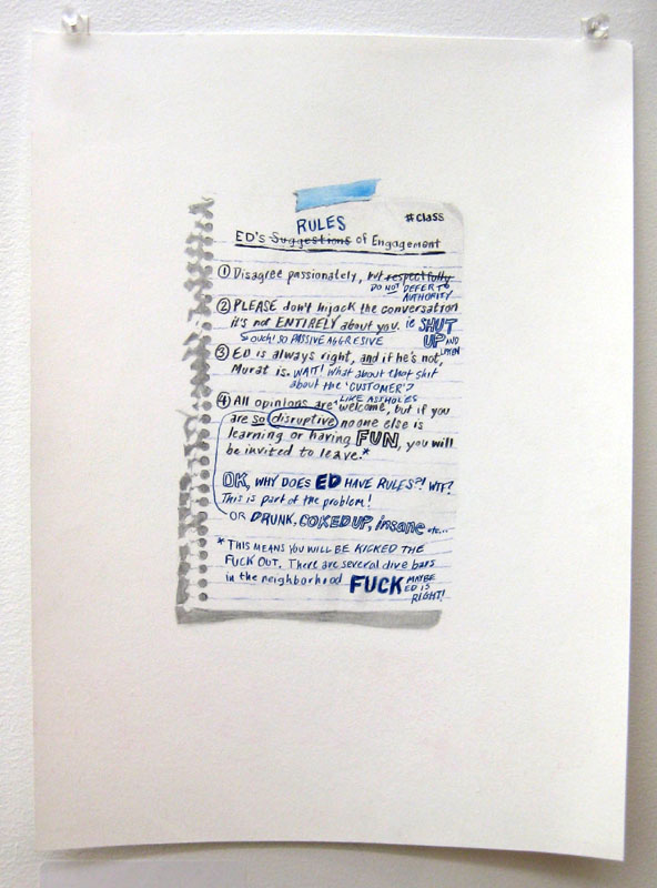 William Powhida, Ed's Rules, 2010, pencil, colored pencil and watercolor on paper, 14x11 inches